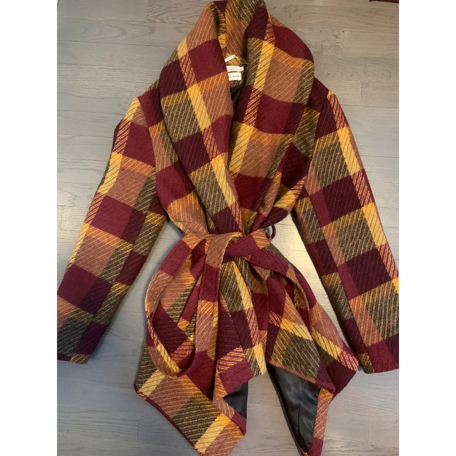 Chicwish Luxury Wool Blend Plaid Wrap Coat Burgundy Mustard Xl Shawl Collar Belt